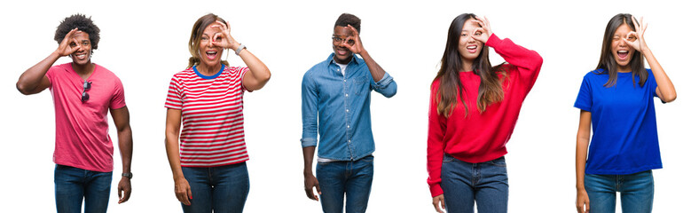 Composition of african american, hispanic and chinese group of people over isolated white background doing ok gesture with hand smiling, eye looking through fingers with happy face.