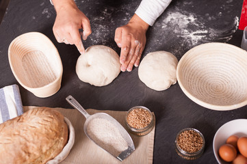 Finger, pressure test of the dough. Kneading the dough makes bread light and airy. Important step...