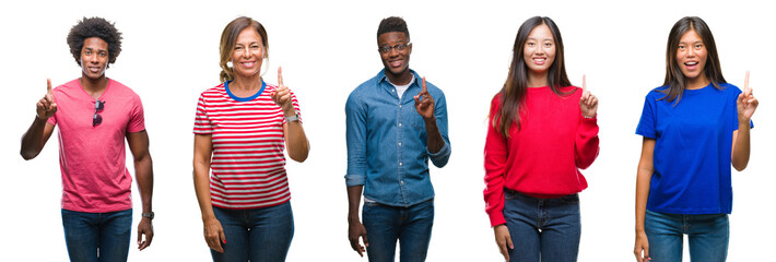 Composition of african american, hispanic and chinese group of people over isolated white background showing and pointing up with finger number one while smiling confident and happy.