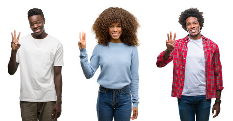 Collage of african american group of people over isolated background showing and pointing up with fingers number three while smiling confident and happy.