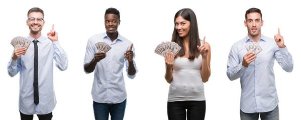 Obraz premium Collage of group team of workers holding bank notes dollars over isolated background surprised with an idea or question pointing finger with happy face, number one