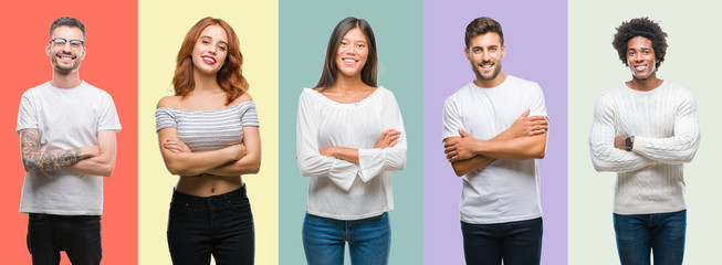 Obraz premium Composition of african american, hispanic and chinese group of people over vintage color background happy face smiling with crossed arms looking at the camera. Positive person.