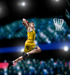basketball player making slam dunk on basketball arena