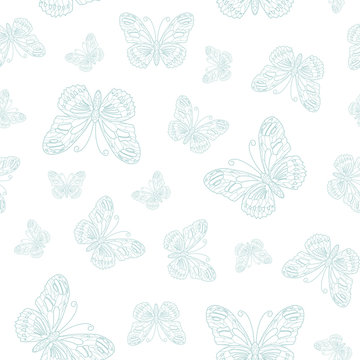 Vector seamless pattern of blue butterfly outline on white background