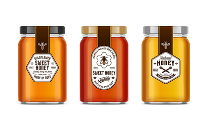 Honey glass jar mockups with labels and bees
