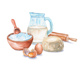 Watercolor still life with ingredients for dough making. Flour, milk, eggs, rolling pin.