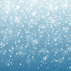 Christmas falling snow isolated on blue background. Snowflakes decoration effect. Magic snowfall texture. Winter design. Vector illustration