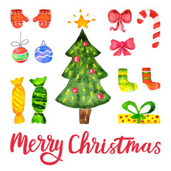 Fototapeta na wymiar Watercolor vector Christmas and New year decoration elements. Set of hand drawn Merry Christmas design elements for cards, posters, flyers, web, advertising. Vector illustration