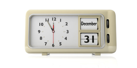 Retro alarm clock with date December 31st isolated on white background. 3d illustration
