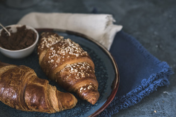 Freshly baked croissants. Copyspace. Toned photo