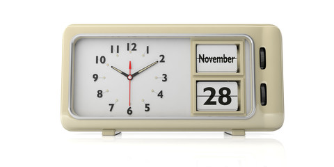 Thanksgiving 2019 date, November 28th on a retro alarm clock isolated on white background. 3d illustration