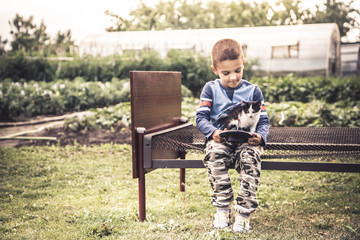 Lonely child kid boy playing kitten countryside lifestyle concept loneliness and pets care friendship