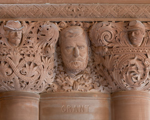 Ulysses S. Grant stonework detail in the sandstone of the Great Western Staircase inside the New York State Capitol in Albany