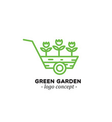 Cart with flowers. Green garden. . Logo concept for flower market.