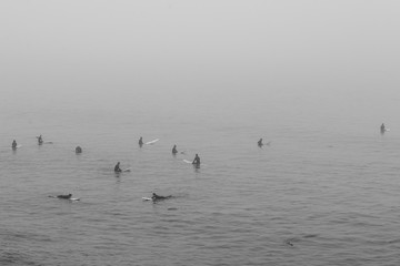 surfers in fog
