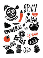 Mexican street food elements. Typography poster. Vector