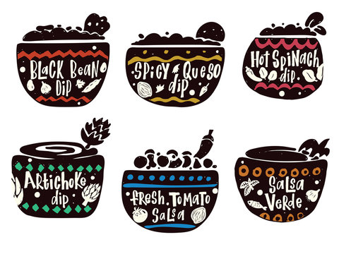 Set of hand drawn bowls with lettering.