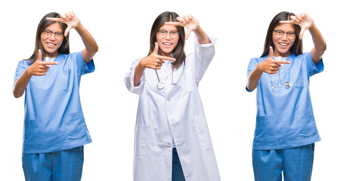 Collage of asian young surgeon doctor or nurse woman standing over white isolated background smiling making frame with hands and fingers with happy face. Creativity and photography concept.