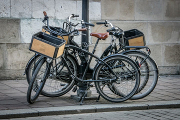Bicycles parked in the city of Krakow. Poland