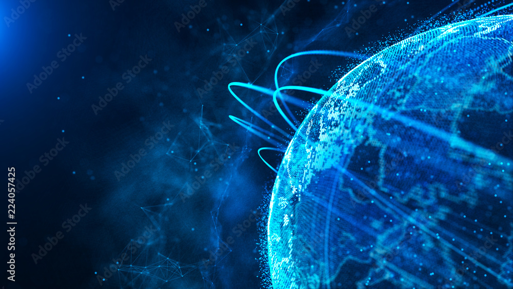 Poster Global network connection. World map point. Representing the global. Network connection. 3D rendering.