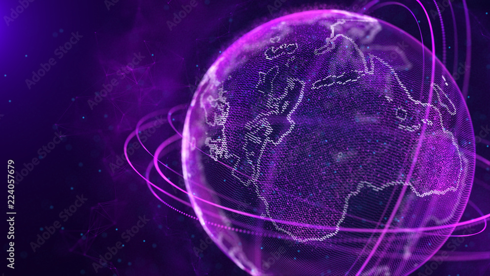 Fototapete Global network connection. World map point. Representing the global. Network connection. 3D rendering.