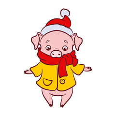 Piglet, a symbol of the new 2019 in the Chinese calendar, dressed in a yellow coat and a red scarf and hat. Vector