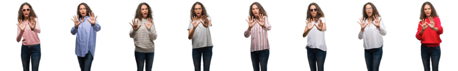 Composition of young brazilian woman isolated over white background afraid and terrified with fear expression stop gesture with hands, shouting in shock. Panic concept.