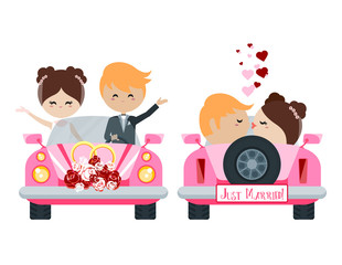 Wedding car with the bride and groom.Front and rear views. Isolated background. Vector