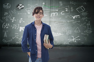young student with books and background with formulas