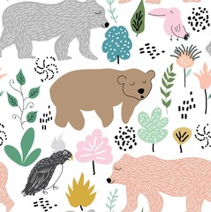 childish jungle texture with bears , bird and jungle elements. seamless pattern vector illustration