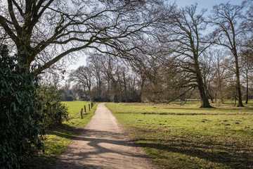 The sun is shining on a typical Dutch landscape in the spring month of March. This landscape is near the small city of Delden in a region called Twente, located in the province of Overijssel