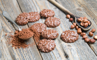 Delicious chocolate cakes on wood