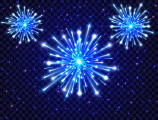 Obraz premium Color neon fireworks in the night sky. Bright fireworks on transparent background. New Year design. Blue star burst. Vector illustration