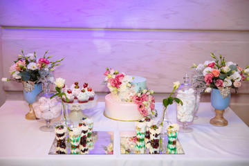 Multilevel wedding cake and candy bar, a table with sweets and desserts on the table. Buffet with delicious cupcakes, cake pops, biscuits, flowers.