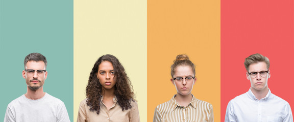 Collage of a group of people isolated over colorful background skeptic and nervous, frowning upset because of problem. Negative person.