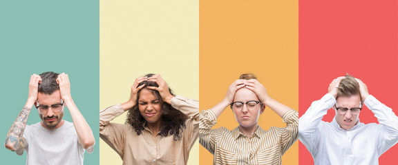 Collage of a group of people isolated over colorful background suffering from headache desperate and stressed because pain and migraine. Hands on head.