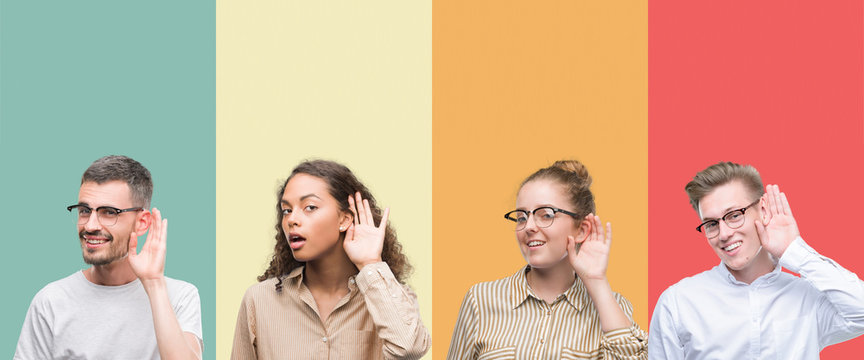 Collage Of A Group Of People Isolated Over Colorful Background Smiling With Hand Over Ear Listening An Hearing To Rumor Or Gossip. Deafness Concept.