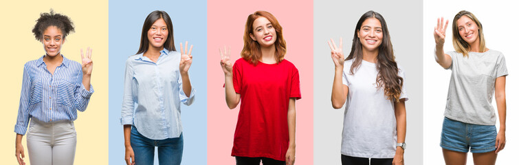 Collage of hispanic, african american, asian, indian women over vintage color background showing and pointing up with fingers number three while smiling confident and happy.