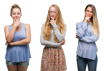 Collage of group of blonde women over isolated background looking confident at the camera with smile with crossed arms and hand raised on chin. Thinking positive.