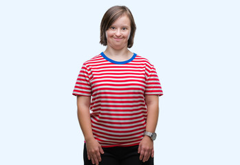 Obraz premium Young adult woman with down syndrome over isolated background with a happy and cool smile on face. Lucky person.