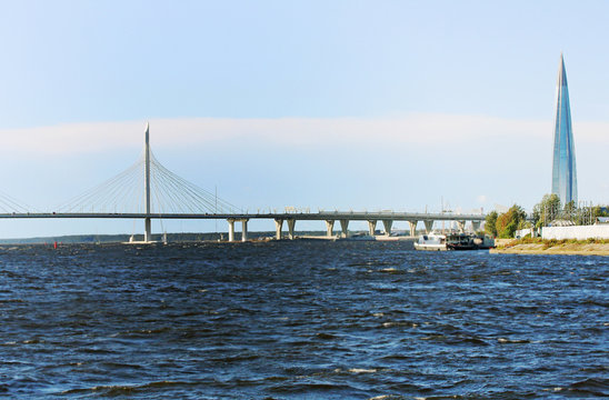 Cable-stayed bridge over the Neva river in St. Petersburg Russia.