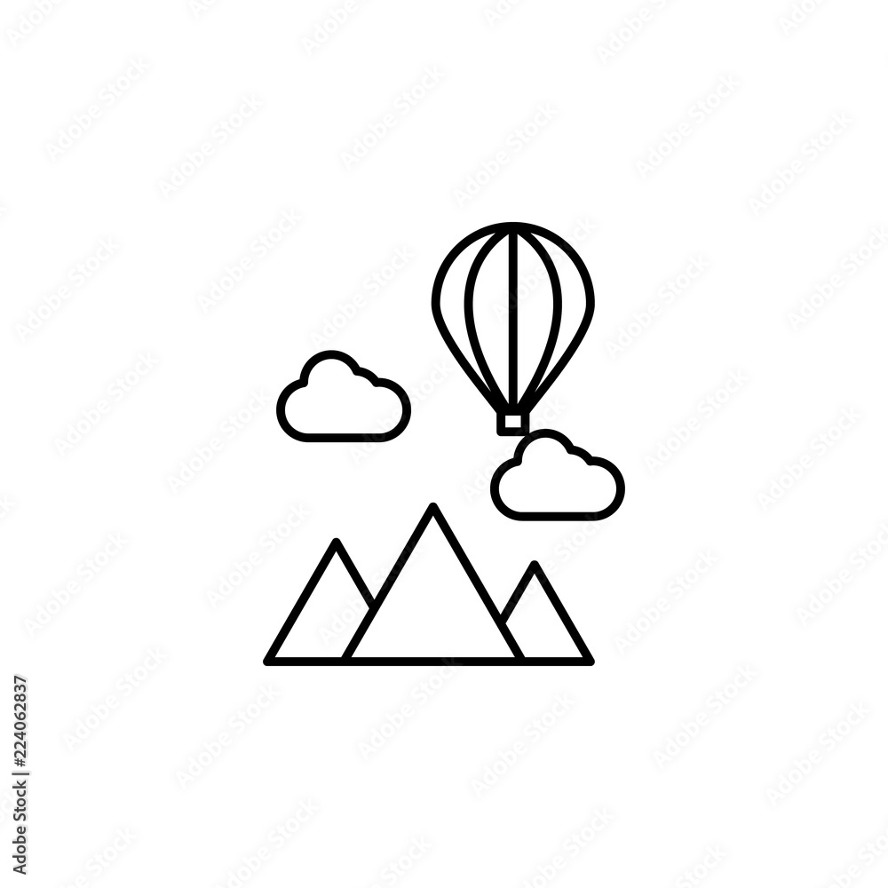 Poster mountains and balloon icon. element of landscape icon for mobile concept and web apps. thin line mou