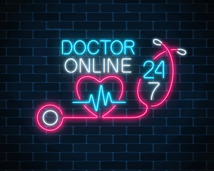 Doctor online glowing neon logo. Neon doctors mobile app sign with heart, pulse line and stethoscope.