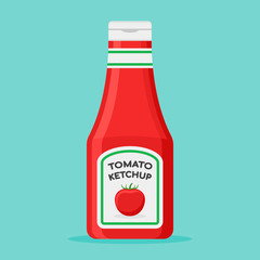 Tomato ketchup bottle flat style icon. Vector illustration.
