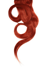 Red hair isolated on white background. Long beautiful ponytail in shape of circle