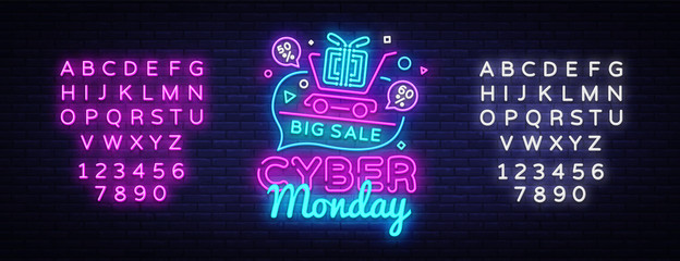 Cyber Monday Sale neon sign vector. Cyber Monday Bid discount Design template neon sign, light banner, neon signboard, nightly bright advertising, light inscription. Vector. Editing text neon sign