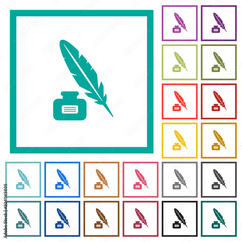 Aufkleber feather and ink bottle with label flat color icons with quadrant frames