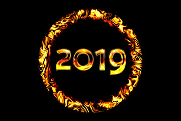 Figures 2019 in the ring fire on a black background. Golden number with reflection. 3D rendering