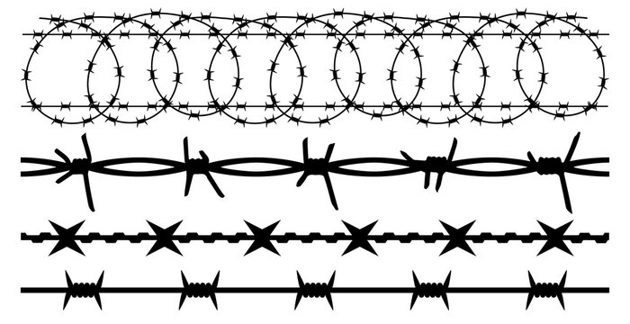Barbwire set isolated silhouette, vector background. Barbed wire, seamless