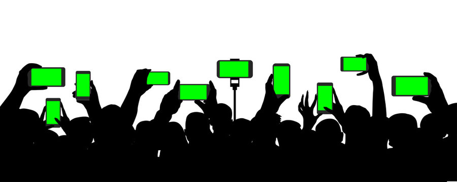 Crowd of people at a concert, records video on a smartphone, event. Cheerful audience. Hands holding a mobile phone. Silhouette vector on white background